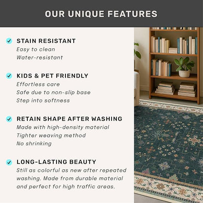 Dark Green Kitchen Rug 12 ft Long - Modern Vintage Boho Eclectic Floral with Brown Accent, Washable Low Pile Non-Slip Extra Long Wide Runner Rugs for Hallway, 3x12