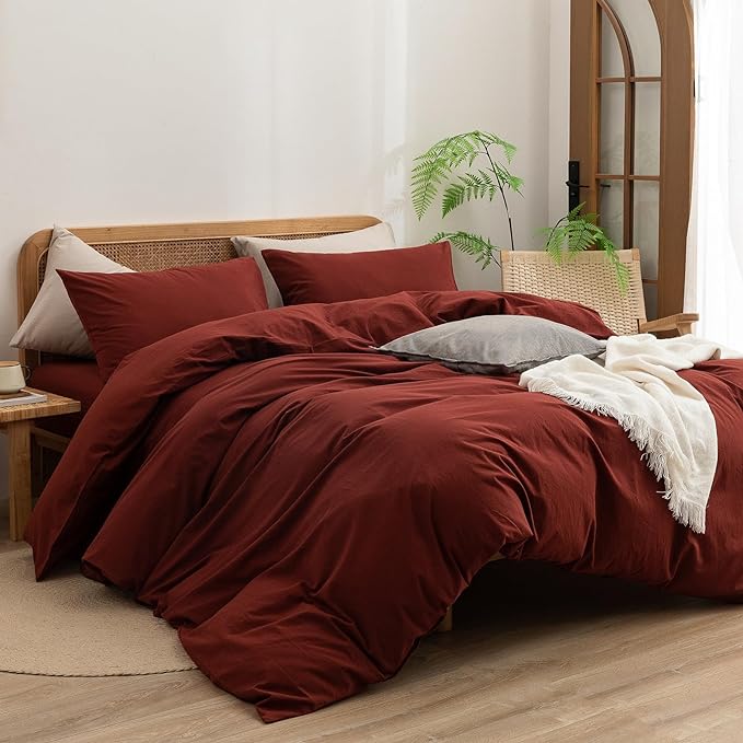 BESTOUCH Duvet Cover Set 100% Washed Cotton Linen Feel Super Soft Comfortable Chic Lightweight 3 PCs Home Bedding Set Solid Fired Brick Red Oversized King