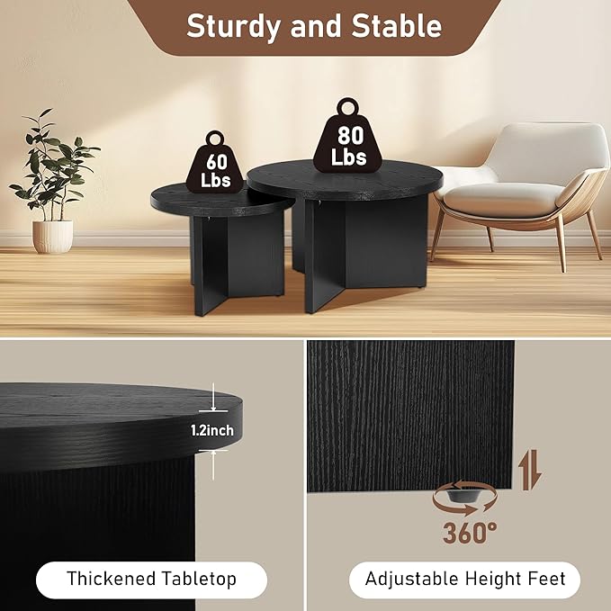 Round Nesting Coffee Tables Set of 2, Modern Stacking Table with Wood Grain Finish, End Table Side Tables for Living Room (Black)