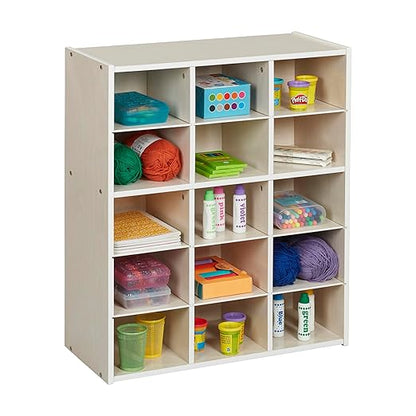 ECR4Kids Streamline 15 Cubby Tray Storage Cabinet, 5x3, Classroom Furniture, White Wash