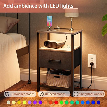 Nightstands Set of 2 with Charging Station and Drawer, End Table Bedside Table with 20 Colors LED Light Strip and 2 Layers Shelf for Bedroom Living Room Sofa (Grey)