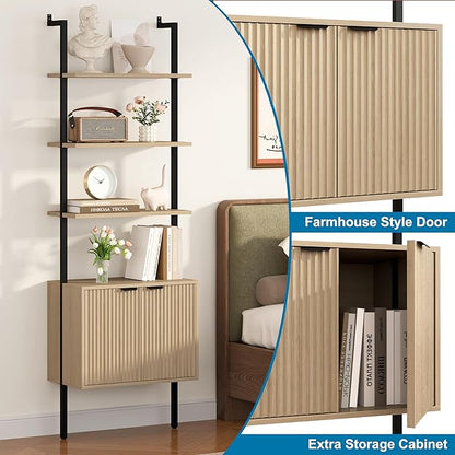 Yusong 73" Tall Bookshelf with Cabinet, Industrial Ladder Wall Mount Shelf Bookcase with Wood and Metal Frame, Plant Shelf Wall Storage Display for Living Room Bedroom, Wavy Light Ivory