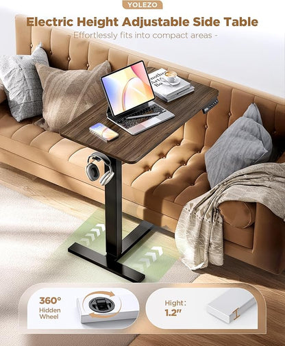 Electric Adjustable Height Standing Desk - Small Sit Stand Portable Rolling Laptop Table with Hidden Wheels, Small Computer Workstation for Bedside & Home Office Use (24"x16",Dark Walnut)