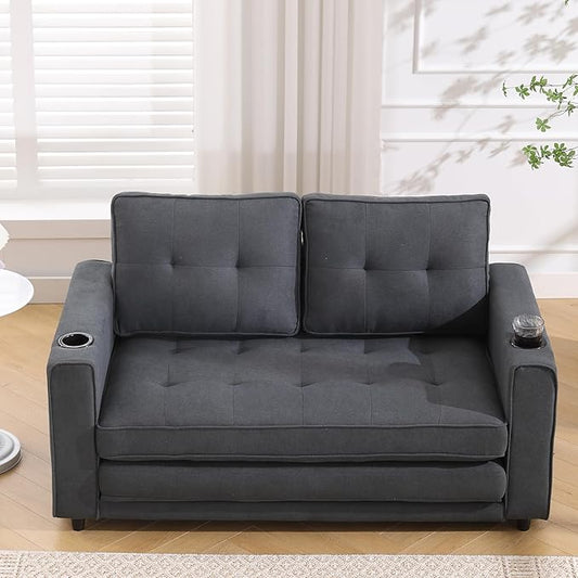 ERYE 3 Fold Tufted Upholstered Futon Sofa Bed Modern Convertible Foldable Floor Loveseat Sofabed with Pull Out Sleeper Couch Daybed W/Cupholders and Pockets for Living Room