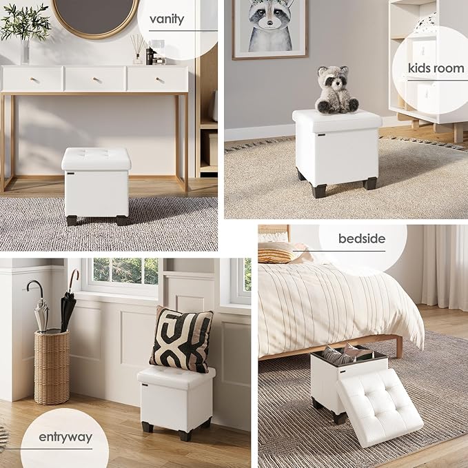 STORAGEBUD Storage Ottoman Cube with Small Bin, 16-in Square Ottoman with Storage for Living Room and Bedroom, Small Ottomans Foot Rest, Faux Leather Foot Stools Ottomans Max 330lbs, Cream