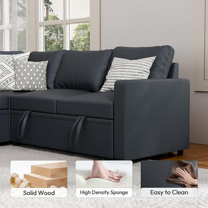 Sleeper Sofa Bed, Modular Sectional Couch with Pull Out Bed, L Shaped Sectional Convertible SofaBed with Storage Seat, for Living Room Apartment Bedroom Office Dark Gray Linen