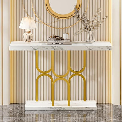 Huuger 47.2 Inch Entryway Table with Marble Top, Modern Console Sofa Table, Accent Table, for Entry, Hallway, Entrance, Foyer, U-Shaped Metal Base, White Marble & Gold