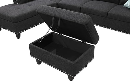 Ball & Cast 98" L Shaped Sectional Couch for Living Room with Chaise & Storage Ottoman,4 Seat Linen Upholstered Modular Sectional Sofa Set 3 PCS W/Cup Holders & Coffee Table,for Home,Office,Charcoal
