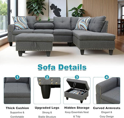 97.5" Oversized Sectional Couch, L Shaped Couch with Storage Ottoman, Modern Modular Sofa with Deep Seat, Sectional Couches for Living Room and Office, Grey (Linen)
