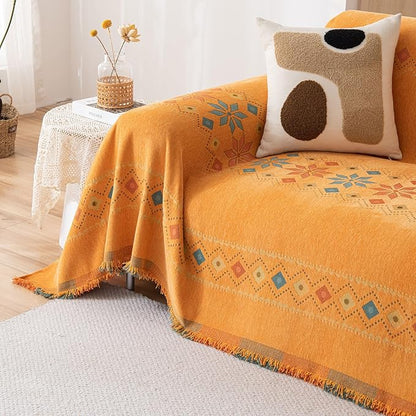 STACYPIK Orange Jacquard Sofa Cover for Sectional, Boho Couch Cover for Loveseat, Non Slip & Stain-Resistant Furniture Protector for 3 Cushion Couch, Reversible Couch Slipcover for Dogs-71X150IN