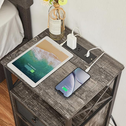 VECELO Oak Gray End Table with USB Ports and Outlets,24 Inch Nightstands with Charging Station and Storage Shelf for Bedroom,Living Room, 1 Set