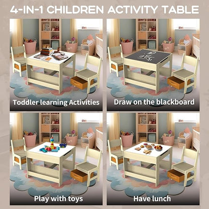 Joyooss Kids Table and Chair Set,4 in 1 Wooden Activity Toddler Table and Chairs Ages 3-7,2 in 1 Tabletop Drawing Reading Crafts Toddler Desk for Playroom,Kid Art Desk for Nursery Storage