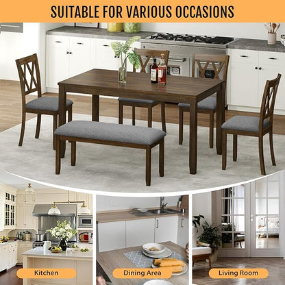 6-Piece Solid Wood Dining Table Set, Dining Table & Chair Set for 6, Including 1 Dining Table, 4 Upholstered Chairs and 1 Bench, Dining Table Set for Dining Room & Kitchen, Walnut