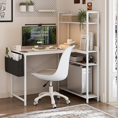 40 Inch L Shaped Computer Desk with Reversible Storage Shelves, Home Office Corner Desk Study Writing Table with Hutch, Study, White