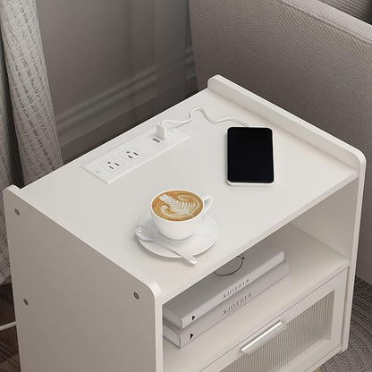 Nightstand with Charging Station, Bedside Tables with Glass Decorative Door, End Table Side Table with 2 Tiers Storage Space, for Bedroom, Living Room, White CAMLBZ07WE