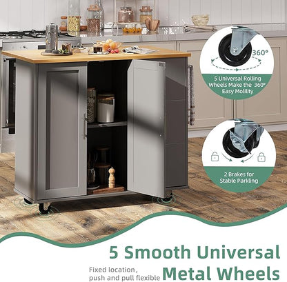 Shintenchi Rolling Kitchen Island Cart with Folding Drop Leaf Breakfast Bar, Portable Trolley Island with Large Storage Cabinet, Shelf and Drawer, Gray