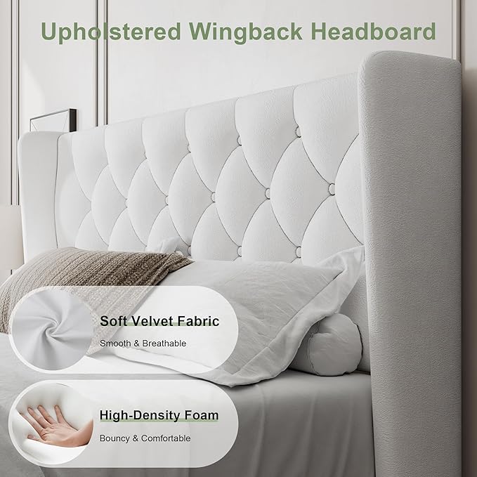 Feonase Full Size Bed Frame with Upholstered Wingback Headboard, Platform Bed and Heavy Duty Wooden Slats Support, Easy Assembly, Noise-Free, No Box Spring Needed, White