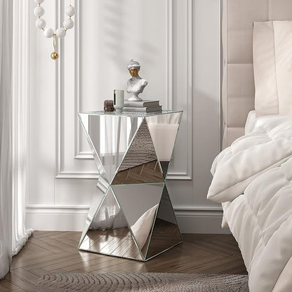 ENENE Mirrored Diamond Setting End Table Glass Decorative Side Table for Living Room Small Spaces Coffee Table Modern Pedestal Accent Table for Bedroom Office Hallway Entryway
