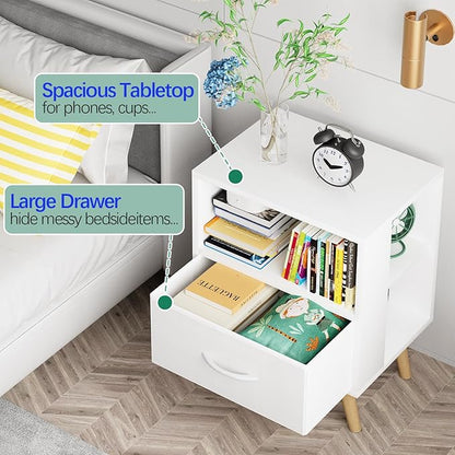 Night Stand, White Kids Nightstand with Drawer, Nursery Side Table with Open Storage, 2-Tier Modern End Table, Bedside Table for Small Space, Living Room, Bedroom