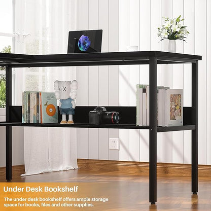 Reversible L Shaped Computer Desk with Magic Power Outlet, Sturdy Office Corner Desk, L Shape Gaming Table with Storage Shelf, Black
