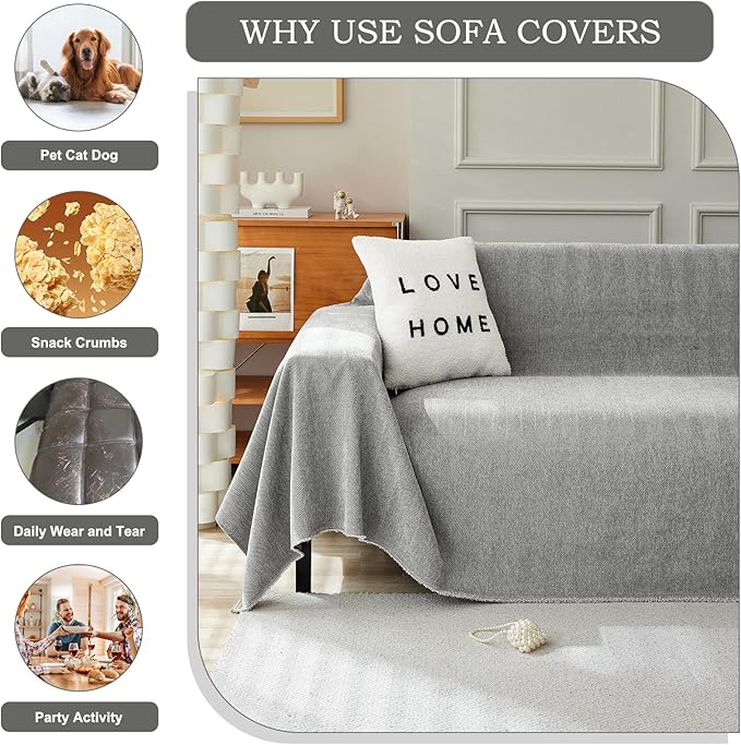 STACYPIK Chenille Sofa Cover for Dogs, Washable Dark Gray Couch Cover for Pets, Non Slip Couch Covers for L Shape, Furniture Protector for 3 Cushion Couch with Tassels,Sofa Throw Blankets-71X134IN