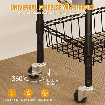 Rolling Kitchen Storage Cart, 3-Tier Storage Rack on Caster Wheels with Adjustable 2 Baskets, Coffee Station Cart Rack Shelf Organizer for Living Room Office, Balcony, Rustic Brown/Black