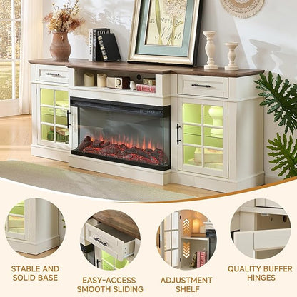 ROCKPOINT 3 Sided Glass 80" Fireplace TV Stand for TVs up to 90", Entertainment Center with Drawers and Glass Door Storage Cabinet for Living Room,36" Electric Fireplace & Adjustable LED Light,White