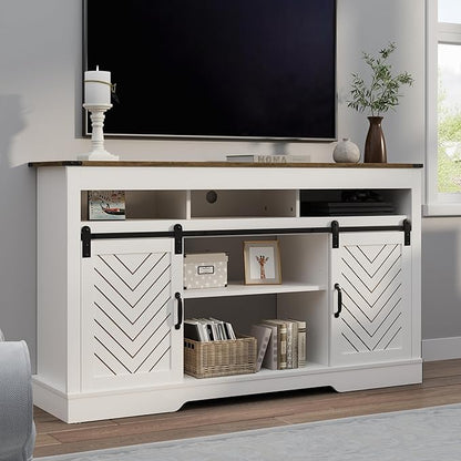RoyalCraft Farmhouse TV Stand for 23" Electric Fireplace, Tall Entertainment Center for 65+ Inch TV, 34" Tall Rustic TV Console with Sliding Bar Door for Living Room, Wood-Tone and White