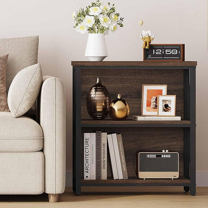FATORRI Small Bookshelf, Rustic Book Shelf for Small Space, Low Short Bookcase, Industrial Wood and Metal Bookshelf and Bookcase for Living Room (Rustic Brown)