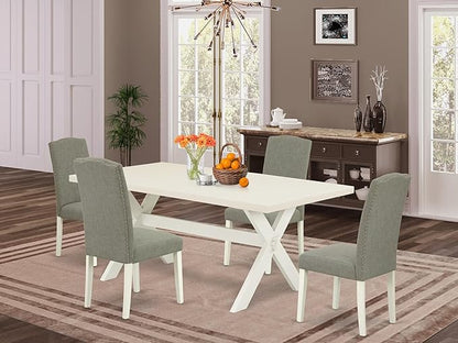 East West Furniture X027EN206-5 5 Piece Dining Table Set for 4 Includes a Rectangle Kitchen Table with X-Legs and 4 Dark Shitake Linen Fabric Parsons Dining Chairs, 40x72 Inch, Multi-Color