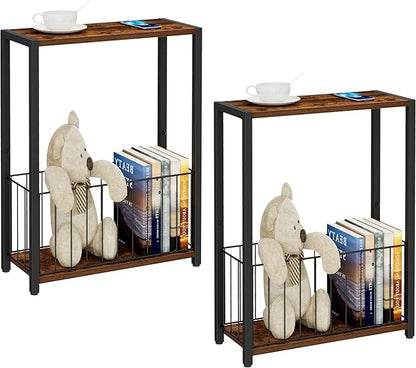 Narrow Side Tables Set of 2 with Magazine Holder, Skinny End Tables Perfect for Small Spaces, Space-Saving Design for Living Room, Bedroom, or Office, 7.1" D x 16.9" W x 23.6" H, Rustic Brown