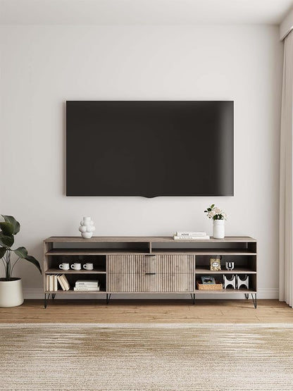 Manhattan Comfort Dumbo Mid Century Modern TV Stand for Televisions up to 80 Inches, Home Entertainment Center with Storage, 6 Shelves, 2 Drawers, No Tool Assembly, 85" Wide, Golden Brown