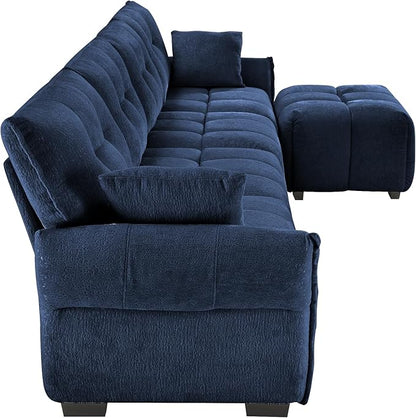 Modern Chenille Fabric 4-Seat Sofa w/Ottoman+2 Pillows, Premium Upholstery Living Room Couch with Tufted Backrest & Comfortable Armrests and High-Resilience Memory Foam Cushions,Blue