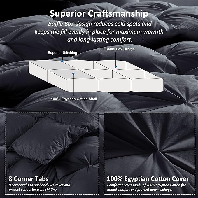 Luxurious All-Season Goose Down Feather Fiber Comforter California King Size Duvet Insert, Exquisite Pinch Pleat Design, Premium Baffle Box, 100% Egyptian Cotton Cover, 80 oz. Fill Weight, Black