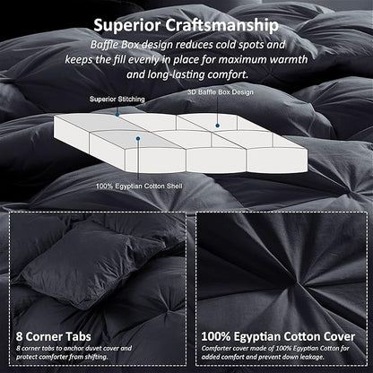Luxurious All-Season Goose Down Feather Fiber Comforter Queen Size Duvet Insert, Exquisite Black Pinch Pleat Design, Premium Baffle Box, 100% Egyptian Cotton Cover, 65 oz. Fill Weight, Black
