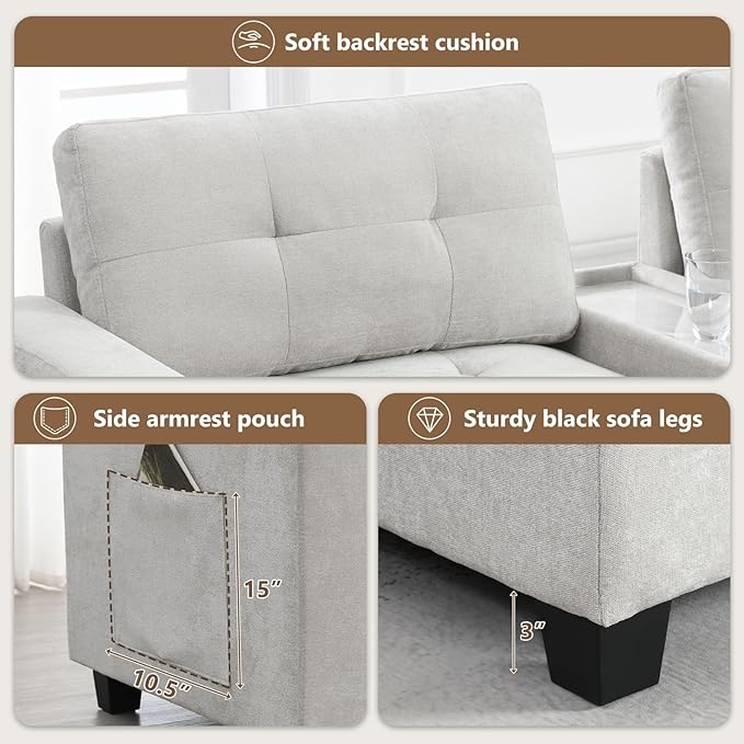 Merax 6 Seater Chenille Sectional Couches with 2 Acrylic Table Top Consoles, Upholstered Modular Tufted Sofa Chaise with Ottoman, Storage Drawers, Pockets, USB Charger & Cup Holders for Living Room