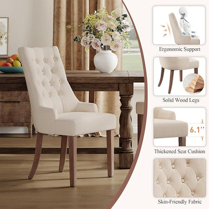COLAMY Fabric Side Dining Chairs Set of 2, Wingback Upholstered Dining Room Chairs with Tufted Button, Living Room Chairs for Home Kitchen, Beige