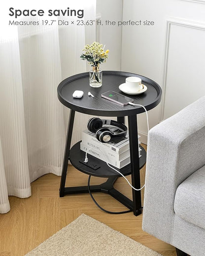 Round End Table with Charging Station, 19.7" Dia x 23.63" H, Side Table with Storage Shelf, Accent Table, for Living Room, Bedroom, Small Spaces, Metal Frame, Industrial Style (Black)