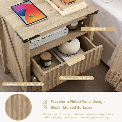 Fluted Nightstand with Charging Station - 20 Inch Wide Farmhouse Bedside Table with 2 Drawers, Modern Wood End Side Table for Bedroom Study Storage Home (Sunwashed Ash Oak)