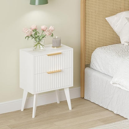 Fluted Nightstand with 2 Drawers,Modern Bedside Table with Metal Handles,White Side Table with Solid Wood Legs,Mid Century End Table for Living Room,Bedroom,White CTG55W