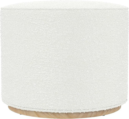 Bouclé Ottoman with Wooden Base – 22” Round Upholstered Footrest, Cream Textural Fabric, Modern Accent Stool for Living Room & Bedroom