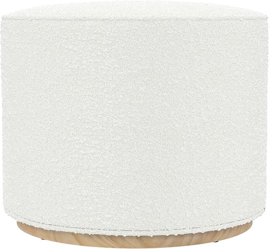 Bouclé Ottoman with Wooden Base – 22” Round Upholstered Footrest, Cream Textural Fabric, Modern Accent Stool for Living Room & Bedroom