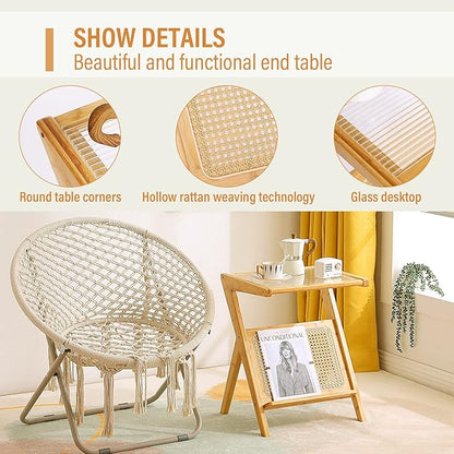 Tiita Rattan Side Table, Mid Century Nightstand, Bamboo Accent Bedside Tables, Glass Coffee Tables, Boho Wooden End Table with Storage for Small Space, Living Room and Bedroom
