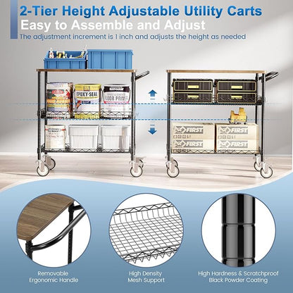 Leteuke Rolling Kitchen Carts with Wheels, 34" L x 17.5" W, 3-Tier Heavy Duty Utility Cart with Wood Tabletop, NSF Commercial Metal Serving Cart with Handle and Shelf Liner for Kitchen, Black