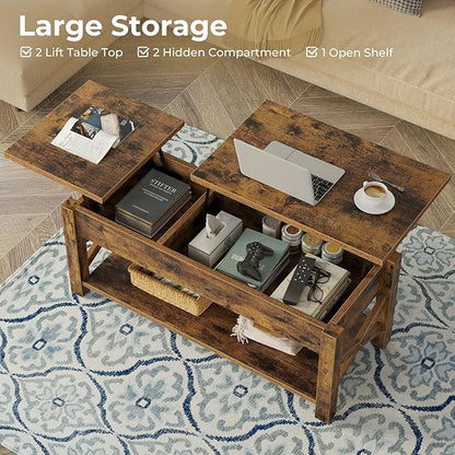 Rolanstar Coffee Table 47.2", 2 Way Lift Top with Hidden Compartment, Lift Top Coffee Table with Open Shelf & X Wooden Support, Center Table for Living Room, Rustic Brown