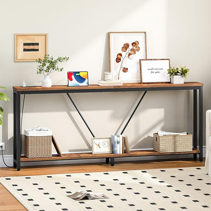 HOOBRO 78.7" Extra Long Sofa Console Table with Charging Station, 2-Tier Behind Couch Table with V-Brace, for Narrow Entryway, Hallway, Living Room, Rustic Brown BF206UXG01