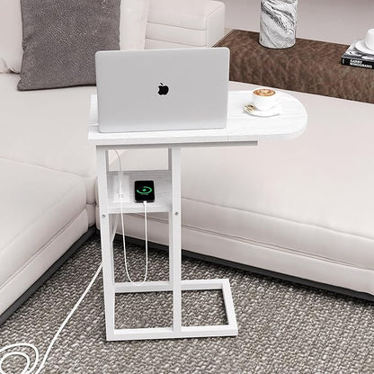 C Table End Table with Charging Station, Couch C Shaped Side Table for Living Room, Bedroom, Laptop Table with USB Ports and Type-C Port, Snack Tray Table for Couch