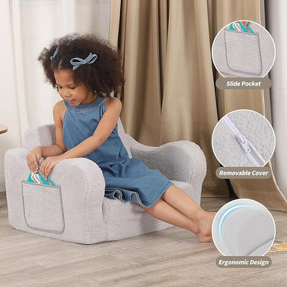 Comfy Toddler Chair, 2-in-1 Toddler Couch Fold Out, Convertible Sherpa Sofa to Lounger for Boys & Girls, Grey