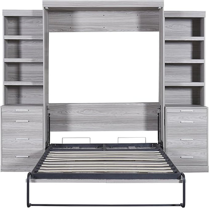 Full Size Murphy Bed with Storage Shelves and Drawers,Easy Fold Wood Wall Bed, Space-Saving Murphy Bed Cabinet for Guest Room Home Office,Gray