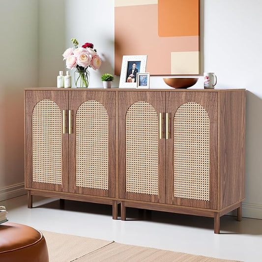59" Sideboard Buffet Cabinet with Storage, Rattan Kitchen Buffet Storage Cabinet Set of 2, Modern Sideboard with Doors & Shelves for Living Room, Kitchen, Hallway, Dark Brown